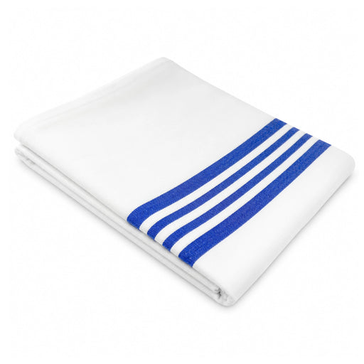 Body Best Flannel Hospital Blanket 72x90 Inch White Blanket with Blue Stripes Folded on White Background