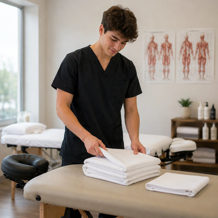 A male therapist in black medical scrubs folds a stack of white towels on a massage table in a bright, modern therapy room.