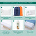 A 6-piece basic massage student kit displayed in a numbered infographic format on a light teal background. The kit includes a vinyl-covered standard pillow, a drawstring clinic laundry bag in navy and orange, standard hand towels, flat massage table sheets, coconut massage oil, and a cotton thermal blanket.