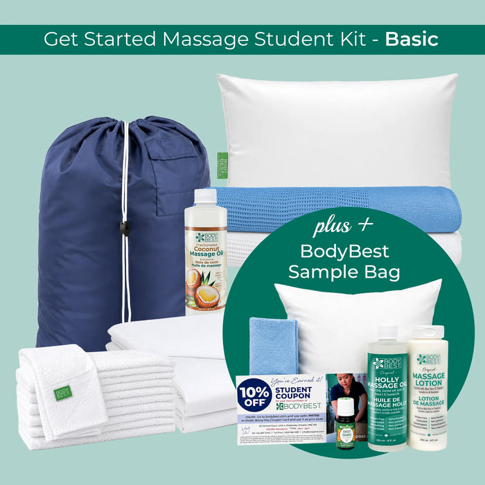 Get Started Massage Student Kit - Basic bundle featuring white towels, a blue drawstring bag, a white pillow, a blue folded towel, and several bottles of massage products, with a green circular callout mentioning a BodyBest Sample Bag.
