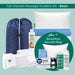 Get Started Massage Student Kit - Basic bundle featuring white towels, a blue drawstring bag, a white pillow, a blue folded towel, and several bottles of massage products, with a green circular callout mentioning a BodyBest Sample Bag.