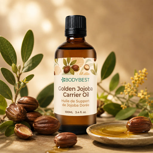 Lifestyle image of BodyBest Golden Jojoba carrier oil 100 ml with jojoba seeds and jojoba plant