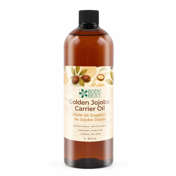 BodyBest Golden Jojoba carrier oil 1L hero image with amber bottle on white background