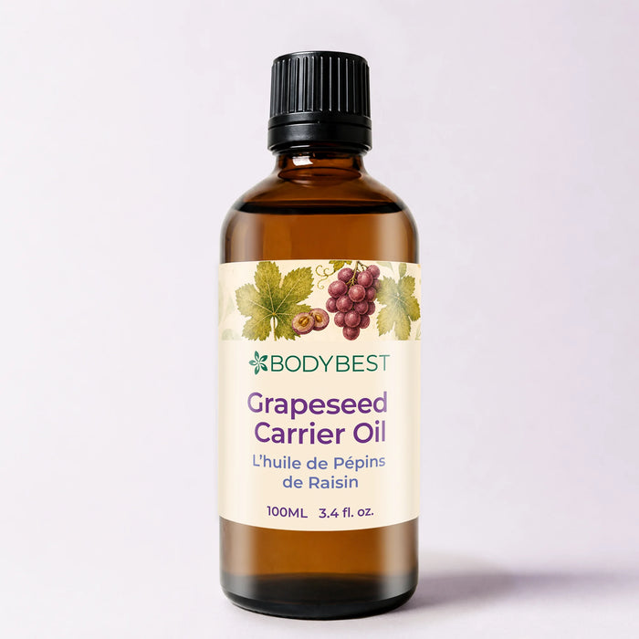 BodyBest Grapeseed carrier oil 100ml amber glass bottle on light purple background