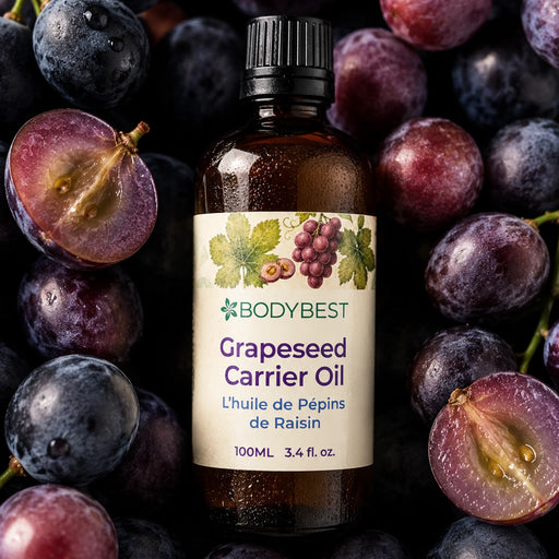 Lifestyle image of BodyBest Grapeseed carrier oil 100ml with purple grapes