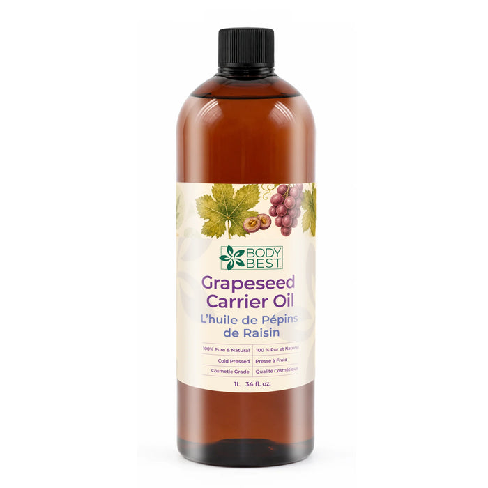 BodyBest Grapeseed carrier oil 1L hero image with amber bottle against white background
