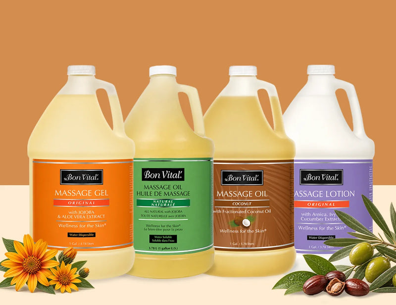 BodyBest home page mobile banner  with a lineup of Bon Vita massage therapy products in various sizes displayed against a split tan and cream background with decorative arnica, jojoba and olives.
