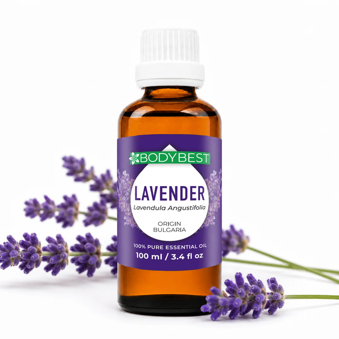 BodyBest Lavender Essential Oil 100ml hero image with lavender stems on studio setting white background