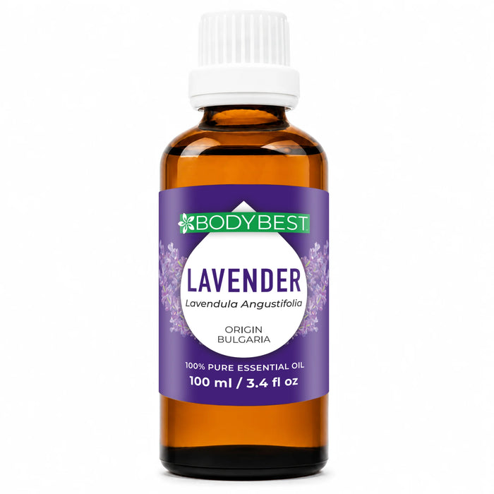 BodyBest Lavender Essential Oil 100ml hero image on amber glass bottle against white background