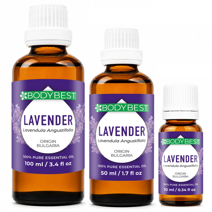 BodyBest Lavender Essential Oil hero image for 10ml, 50ml, 100ml on white background