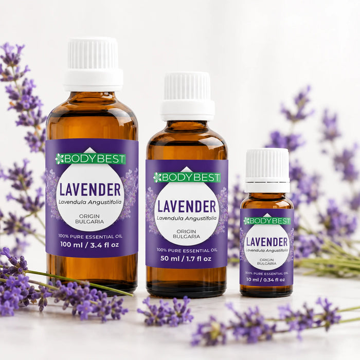Lifestyle photo of BodyBest Lavender Essential Oil with all 3 sizes with lavender
