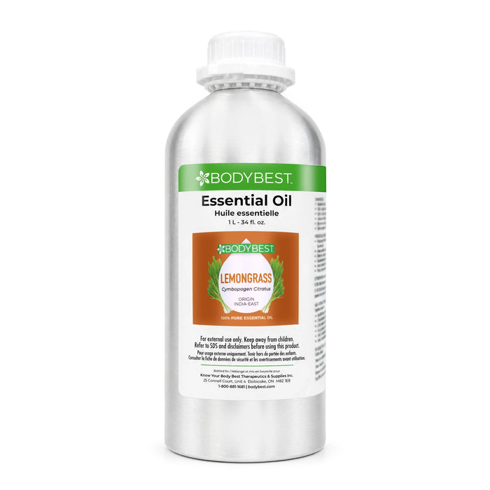 BodyBest Lemongrass essential oil 1L hero image featuring a stainless steel bottle with a clean, minimalist design, shown in professional product photography on a neutral background, emphasizing durability, premium quality, and aromatherapy use.