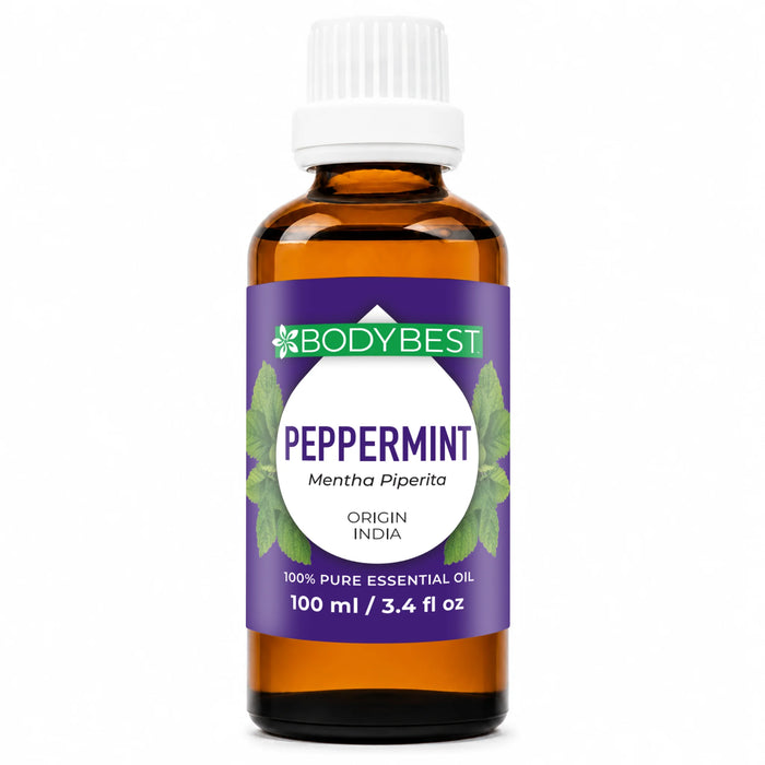 BodyBest Peppermint essential oil 100ml hero image amber glass bottle on white background