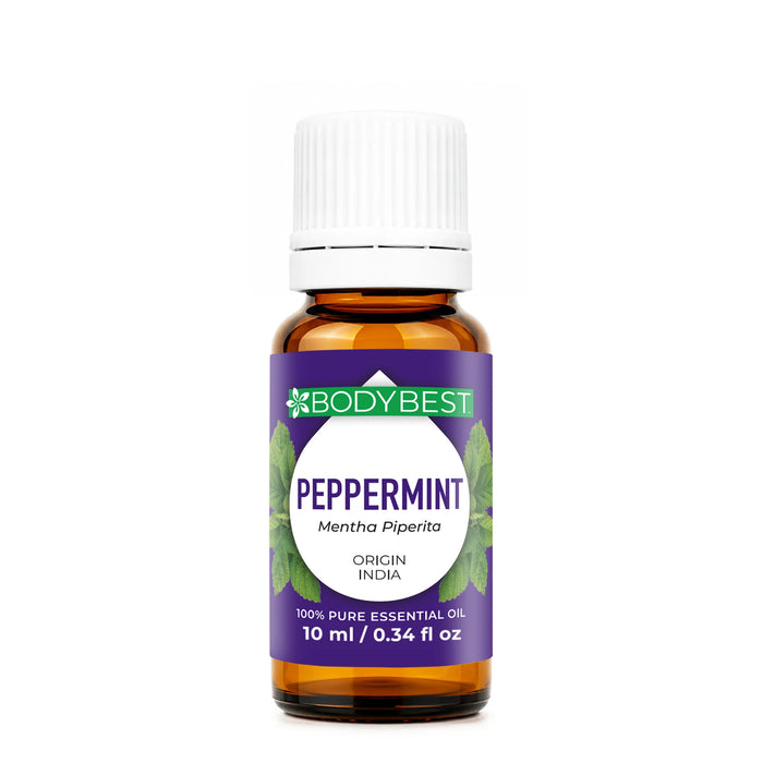 BodyBest Peppermint essential oil 10ml hero image amber glass bottle on white background