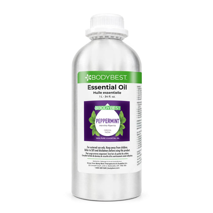 BodyBest Peppermint essential oil 1L hero image featuring a stainless steel bottle with a clean, minimalist design, shown in professional product photography on a neutral background, emphasizing durability, premium quality, and aromatherapy use.