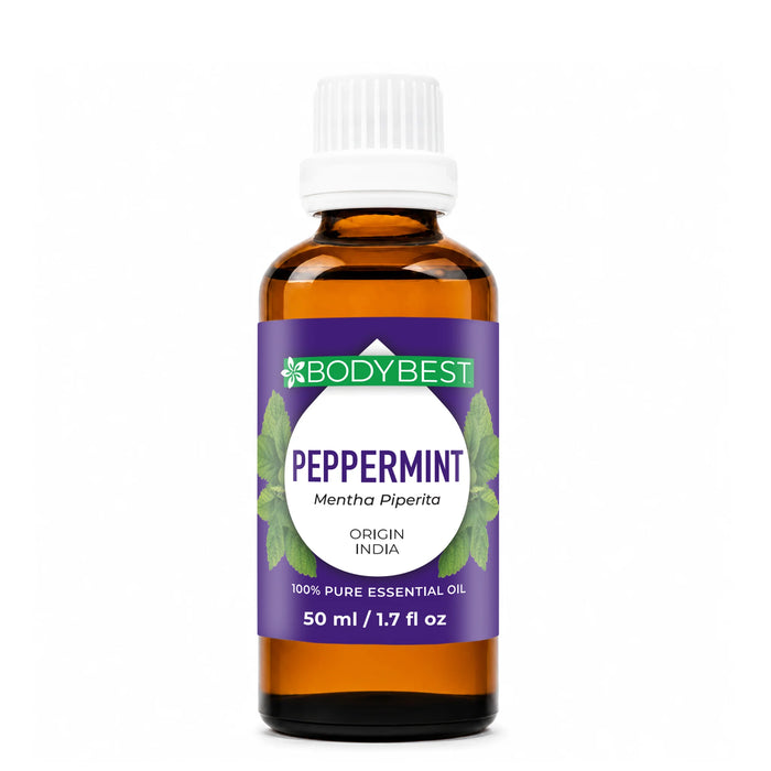 BodyBest Peppermint essential oil 50ml hero image amber glass bottle on white background
