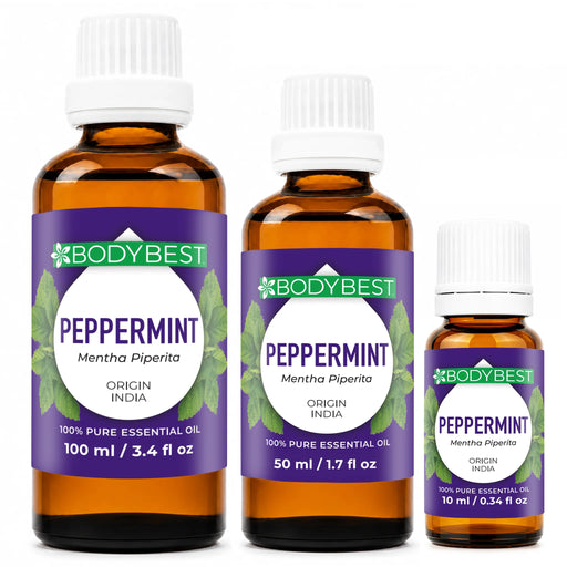 BodyBest Peppermint essential oil 100ml, 50ml and 10ml hero image amber glass bottle on white background