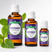 BodyBest Peppermint essential oil 100ml, 50ml and 10ml hero image amber glass bottle on white background with peppermint leaves