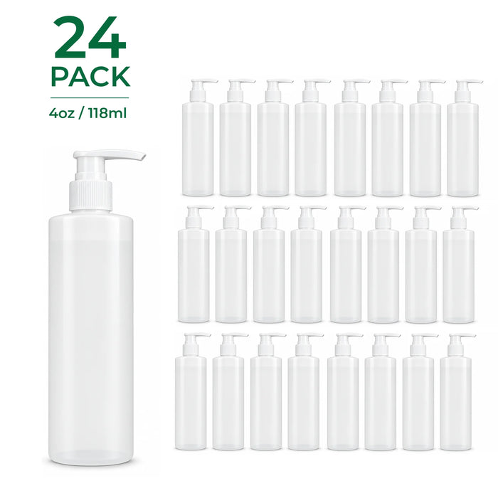 A 24-pack of BodyBest clear plastic pump bottles for massage lotion, 4oz/118ml each, shown on a white background with one larger bottle on the left and twenty-three smaller bottles arranged in rows on the right. Green text in the top left reads '24 PACK' and '4oz / 118ml'.