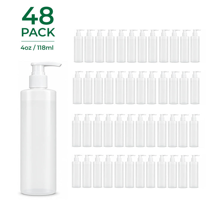 A 48-pack of 4oz/118ml BodyBest clear plastic pump bottles for massage lotion arranged in rows on a white background, with a larger bottle shown on the left and green text reading '48 PACK' and '4oz / 118ml'.