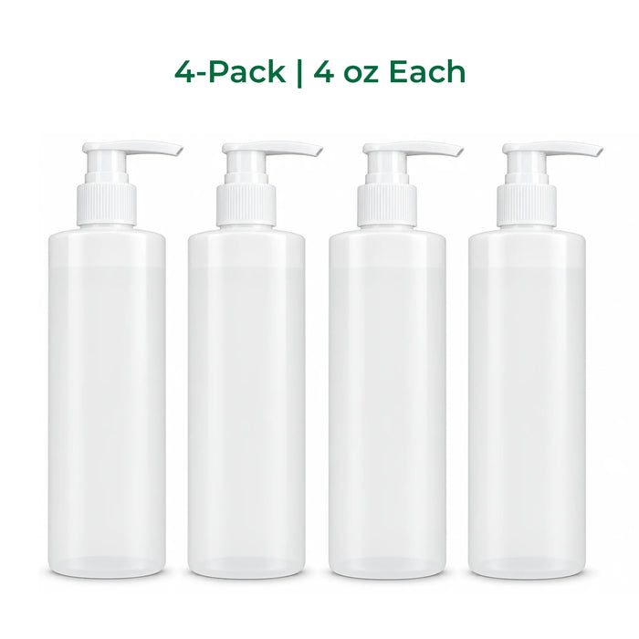 Four pack of BodyBest empty massage lotion pump bottles shown in a row on a white background, with green text above reading '4-Pack | 4 oz Each'