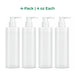 Four pack of BodyBest empty massage lotion pump bottles shown in a row on a white background, with green text above reading '4-Pack | 4 oz Each'