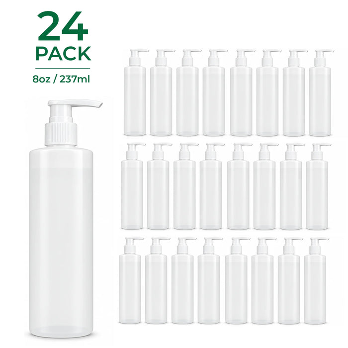24 pack of  BodyBest empty white plastic pump bottles for massage lotion shown in a row on a white background, with green text above reading '4-Pack | 8 oz Each'.