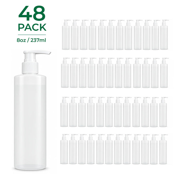 48 pack of BodyBest empty white plastic pump bottles for massage lotion shown in a row on a white background, with green text above reading '4-Pack | 8 oz Each'.