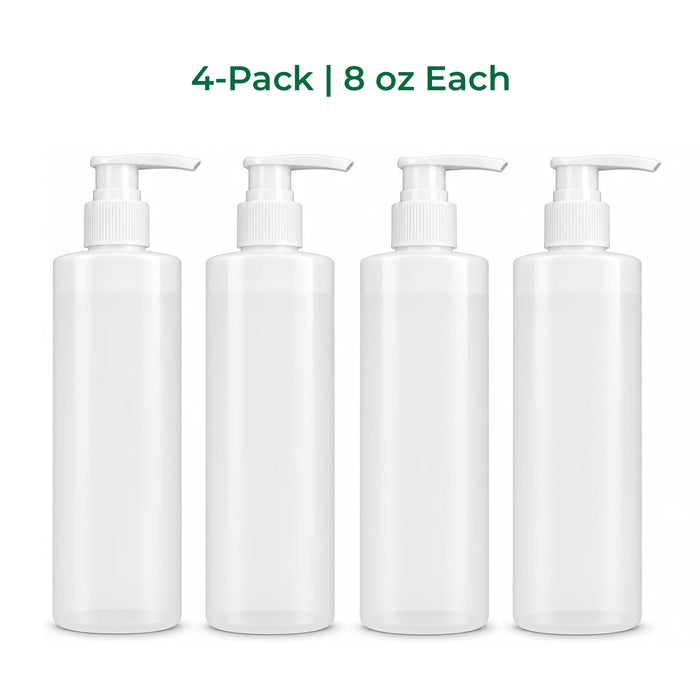 Four BodyBest empty white plastic pump bottles for massage lotion shown in a row on a white background, with green text above reading '4-Pack | 8 oz Each'.