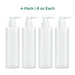 Four BodyBest empty white plastic pump bottles for massage lotion shown in a row on a white background, with green text above reading '4-Pack | 8 oz Each'.