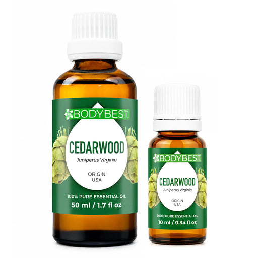 BodyBest Cedarwood essential oil 10ml and 50ml hero image against white background