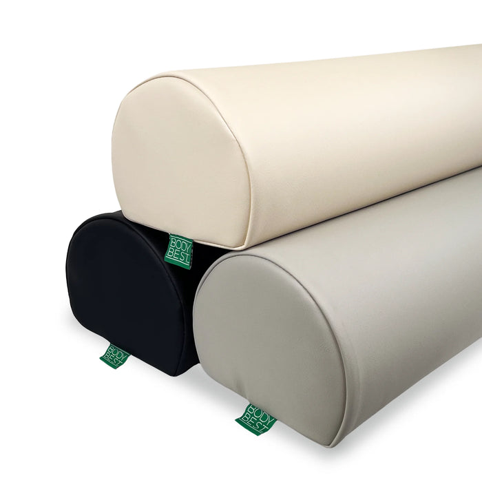 BodyBest semi-round bolster shown in black, vanilla, and stone grey, premium spa support cushion displayed together 