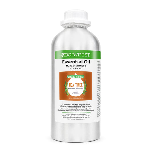 BodyBest Tea Tree essential oil 1L hero image featuring a stainless steel bottle with a clean, minimalist design, shown in professional product photography on a neutral background, emphasizing durability, premium quality, and aromatherapy use.