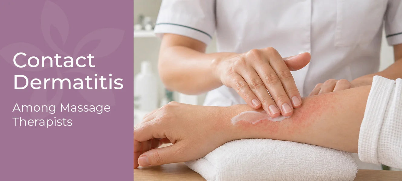 Call-to-action banner highlighting contact dermatitis in massage therapists and skin protection
