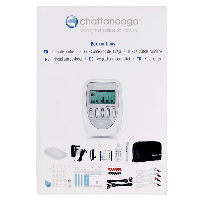 Box showing what comes with the Chattanooga Theta 4 Channel NMES TENS Unit
