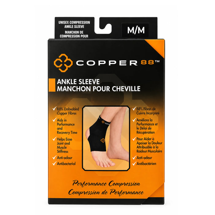 A packaging of medium size of Copper 88 ankle compression sleeve 