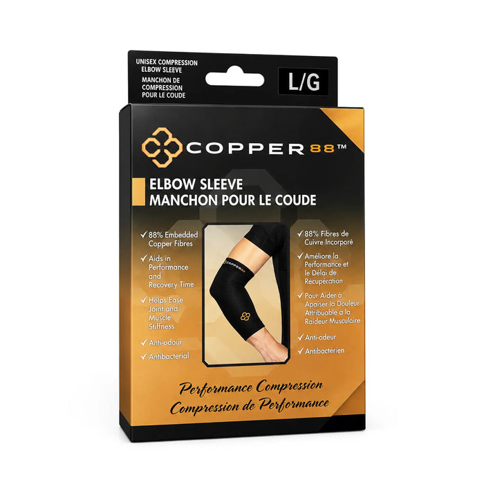 Copper8 L/G elbow sleeve compression packaging, featuring a black and gold box with a photo of a knee/elbow wearing the sleeve.