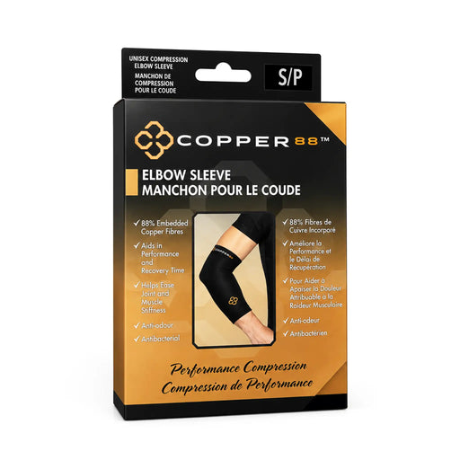 Copper88 S/P Elbow Sleeve performance compression packaging, featuring a black and gold box with a photo of a knee/elbow wearing the sleeve.
