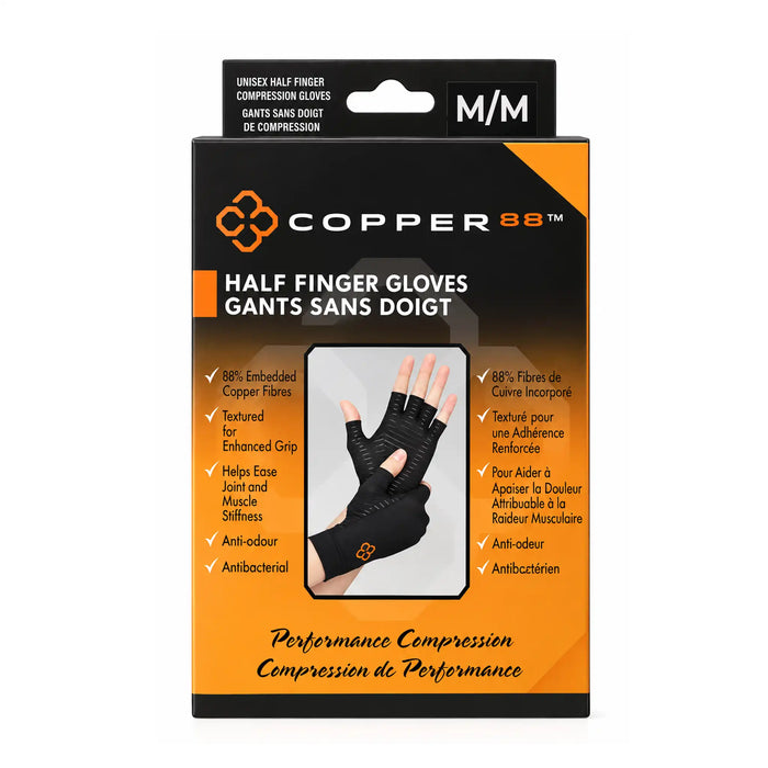 A packaging of Copper88 Half finger gloves size medium
