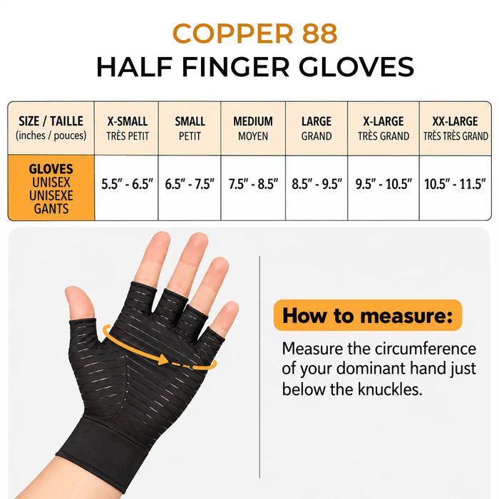 Size guide for Copper88 Half finger gloves showing size guide for each size and how to measure instructions
