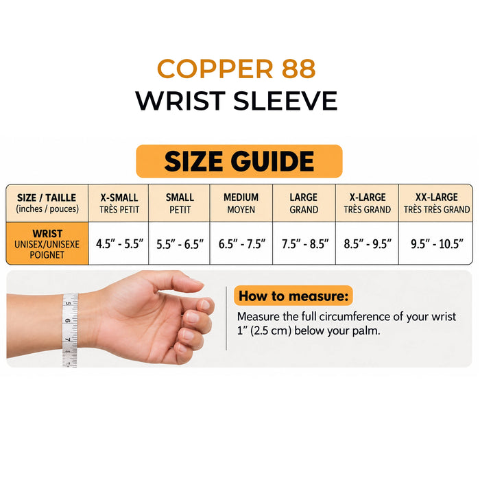 Copper88 wrist compression sleeve size guide