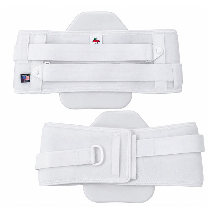 CorFit lumbosacral spinal support belt in white color both front and back view is shown