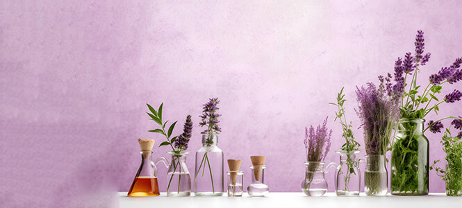 purple background with all different sizes and shapes of clear bottles