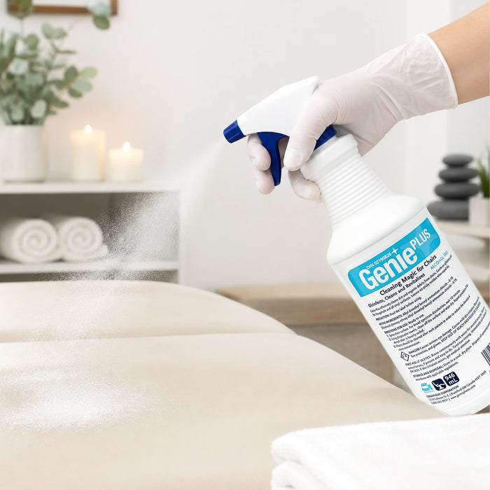 Gloved hand spraying Germiphene Genie Plus massage table cleaner onto a treatment table in a clean spa setting, with fine mist visible and towels and spa décor in the background.