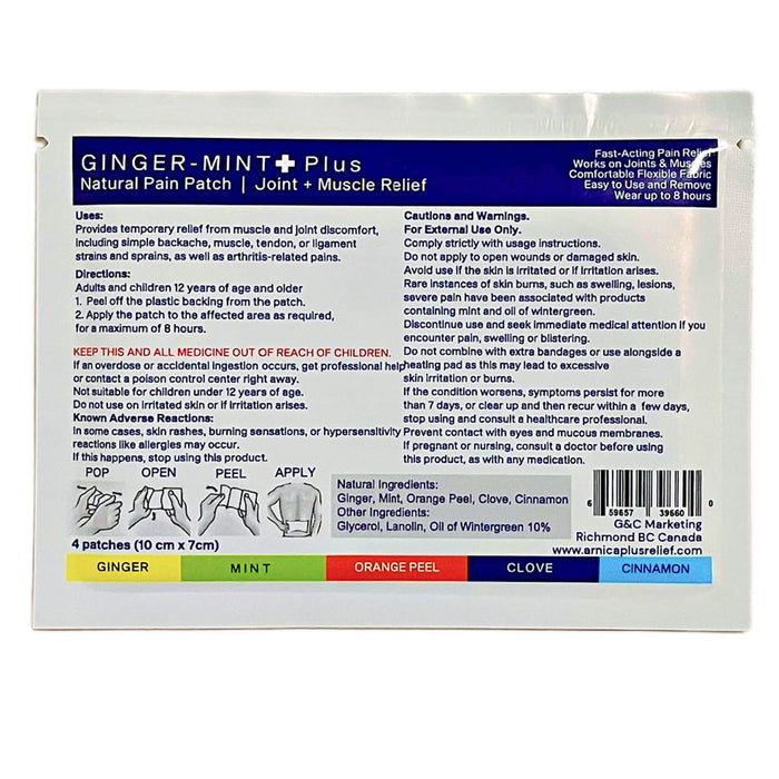 Ginger Mint Plus Natural Pain Patch back of packaging