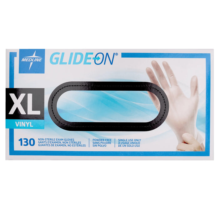Medline GlideOn vinyl gloves packaging with a glove size XL