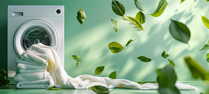 An aesthetic image featuring a washing machine with neatly folded towels in front, surrounded by numerous green leaves appearing to float in a mint-colored background, suggesting freshness.