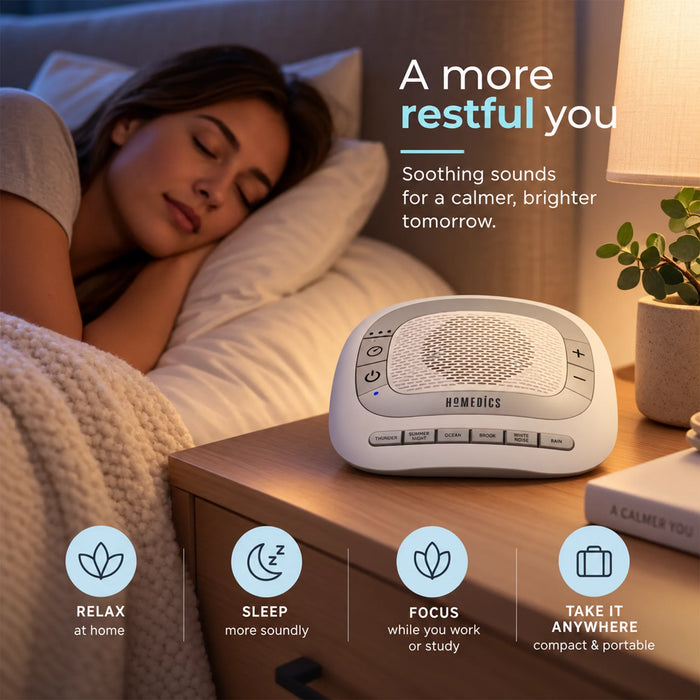HoMedics SoundSpa Rejuvenate sound machine on bedside table for sleep and relaxation