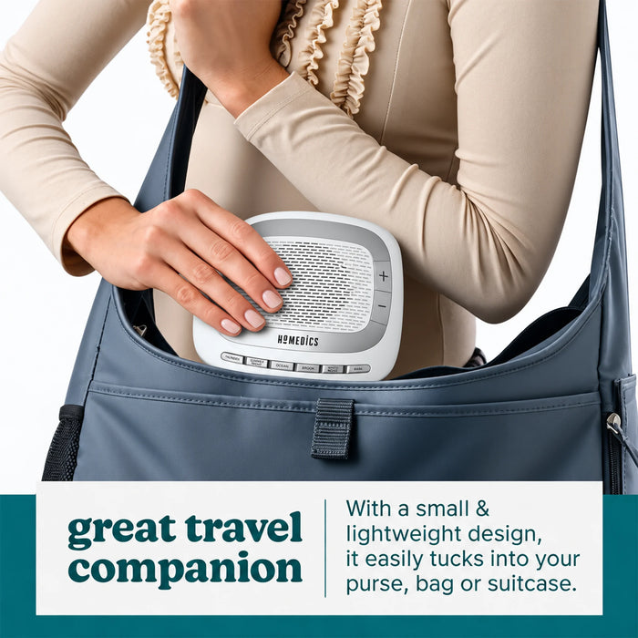 Compact HoMedics SoundSpa Rejuvenate portable sound machine with 6.5 by 5.2 inch dimensions