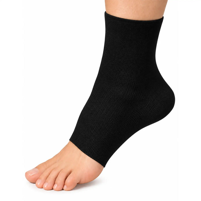 MKO A black ankle support sleeve worn on a person's ankle, shown against a plain white background.